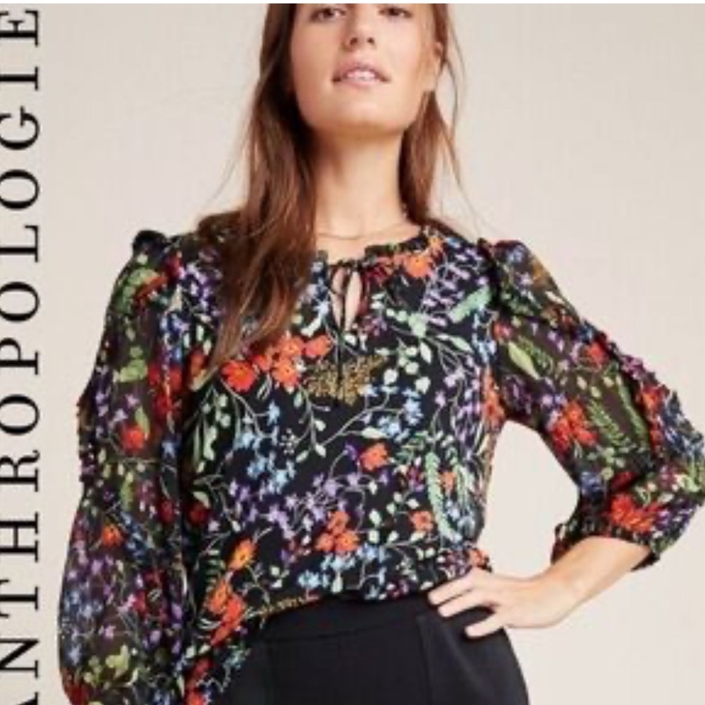 EUC Maeve Anthropologie Jacquin Peasant Blouse Floral Blouson Sleeve Size M